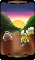 Size: 1500x2591 | Tagged: safe, artist:sixes&sevens, part of a set, granny smith, earth pony, pony, g4, clothes, dirt, female, field, granny smith's shawl, hill, knight of coins, minor arcana, plow, pulling, rock, solo, sunrise, tarot card, walking