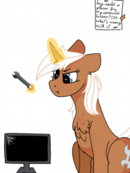 Size: 768x1024 | Tagged: safe, artist:valkiria, silver spanner, pony, unicorn, g4, :t, abuse, animated, chest fluff, computer, computer screen, cute, female, floppy ears, frame by frame, gif, glowing horn, heart, heart eyes, horn, magic, mare, paper, percussive maintenance, simple background, sitting, solo, wingding eyes, wrench