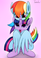 Size: 2480x3507 | Tagged: safe, artist:twidasher, rainbow dash, twilight sparkle, pegasus, pony, g4, blushing, cute, duo, female, high res, hug, lesbian, looking at each other, mare, open mouth, purple background, ship:twidash, shipping, signature, simple background, sitting, winghug, wings