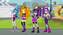 Size: 4000x2250 | Tagged: safe, artist:bigpurplemuppet99, artist:gmaplay, artist:mixiepie, adagio dazzle, aria blaze, sci-twi, sonata dusk, twilight sparkle, equestria girls, g4, clothes, compression shorts, confident, female, glasses, happy, ponytail, shorts, smiling, the dazzlings, tomboy