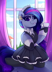 Size: 1500x2100 | Tagged: safe, artist:shadowreindeer, oc, oc only, pony, bow, clothes, commission, cup, curtains, ear piercing, earring, jewelry, kneeling, maid, piercing, solo, stockings, teacup, thigh highs, window, ych result