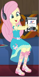 Size: 408x806 | Tagged: safe, edit, edited screencap, screencap, fluttershy, equestria girls, g4, game stream, my little pony equestria girls: better together, cover, fluttershy boho dress, game, gran turismo, gran turismo 4, headphones, laughing, shimmercode, solo