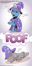 Size: 1100x2217 | Tagged: safe, artist:saturdaymorningproj, trixie, pony, unicorn, g4, clothes, comic, female, glowing horn, hat, horn, inanimate tf, open mouth, poof, pun, trans female, trans trixie, transformation, transgender, transmission, trixie's hat, visual pun