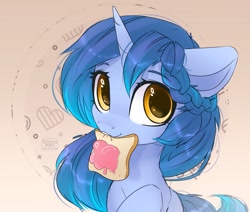 Size: 2271x1930 | Tagged: safe, artist:radioaxi, oc, oc only, pony, unicorn, bread, cream, female, food, herbivore, mouth hold, solo, toast