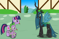 Size: 1280x854 | Tagged: safe, artist:platinumdrop, queen chrysalis, spike, twilight sparkle, changeling, changeling queen, dragon, pony, unicorn, g4, :p, angry, female, male, mare, ponyville, request, taunting, tongue out, unicorn twilight