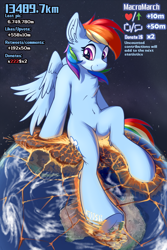 Size: 1200x1800 | Tagged: safe, artist:ravistdash, rainbow dash, pegasus, pony, semi-anthro, g4, arm hooves, continent, destruction, earth, female, fetish, giant rainbow dash, growth drive, impact, incentive drive, macro, magma, pony bigger than a planet, sitting, smiling, solo, some mares just want to watch the world burn, text, underhoof, wings