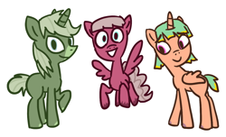 Size: 1100x670 | Tagged: safe, artist:saltycube, oc, oc only, alicorn, pegasus, pony, unicorn, female, looking at you, mare, simple background, trio, white background