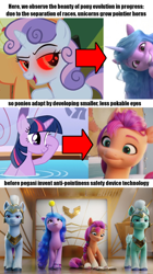 Size: 800x1427 | Tagged: safe, edit, edited screencap, screencap, applejack, izzy moonbow, sunny starscout, sweetie belle, thunder flap, twilight sparkle, zoom zephyrwing, earth pony, pegasus, pony, robot, unicorn, friendship is witchcraft, g4, g5, green isn't your color, my little pony: a new generation, spoiler:my little pony: a new generation, 3d, arrow, ball, book, evolution, female, guardsmare, headcanon, horn, horn guard, horn impalement, izzy's tennis ball, male, mare, neigh soul sister, pegasus royal guard, royal guard, stallion, sweetie bot, tennis ball, text
