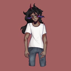 Size: 1680x1679 | Tagged: safe, artist:pukeprinceart, king sombra, human, g4, clothes, dark skin, horn, horned humanization, humanized, jeans, male, pants, red background, shirt, simple background, solo, sombra eyes, t-shirt