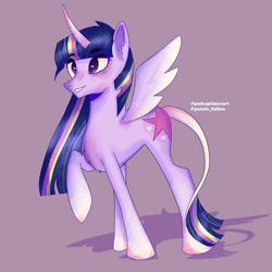 Size: 1280x1280 | Tagged: safe, artist:pukeprinceart, twilight sparkle, alicorn, pony, g4, female, grin, heart eyes, leonine tail, mare, markings, purple background, raised hoof, redesign, simple background, smiling, solo, spread wings, twilight sparkle (alicorn), wingding eyes, wings