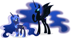Size: 6960x3744 | Tagged: safe, artist:inaactive, nightmare moon, princess luna, alicorn, pony, g4, absurd resolution, accessory theft, duo, duo female, female, nightmare moon armor, simple background, transparent background, vector