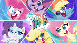 Size: 1600x900 | Tagged: safe, applejack, fluttershy, pinkie pie, rainbow dash, rarity, twilight sparkle, alicorn, earth pony, pegasus, pony, unicorn, g4.5, my little pony: pony life, official, mane six, my little pony logo, twilight sparkle (alicorn)