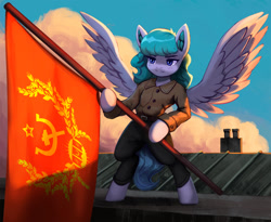 Size: 2000x1637 | Tagged: safe, artist:mrscroup, oc, oc only, pegasus, pony, equestria at war mod, bipedal, clothes, cloud, communism, cute, flag, hammer and sickle, holding, morning, pants, pegasus oc, revolution, rooftop, severyana, solo, soviet union, stalliongrad