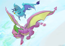 Size: 4093x2894 | Tagged: safe, artist:lummh, princess ember, spike, dragon, g4, adult, adult spike, bloodstone scepter, cloud, cloudy, duo, female, flying, horn, horn ring, jewelry, male, necklace, older, older spike, ring, ship:emberspike, shipping, sky, spread wings, straight, wings, zoomorphic