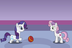 Size: 1280x854 | Tagged: safe, artist:platinumdrop, rarity, sweetie belle, dwarf, pony, unicorn, g4, ball, female, filly, mare, request, siblings, sisters, small hoof