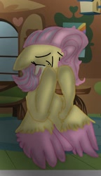 Size: 540x938 | Tagged: safe, artist:cocolove2176, fluttershy, pegasus, pony, g4, crying, eyes closed, female, indoors, mare, solo, story included, two toned wings, wings