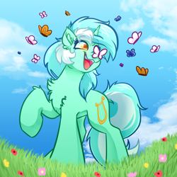 Size: 4000x4000 | Tagged: safe, artist:witchtaunter, lyra heartstrings, butterfly, pony, unicorn, g4, :3, absurd resolution, butterfly on nose, chest fluff, colored pupils, commission, cute, dock, ear fluff, eyes on the prize, female, flower, fluffy, grass, happy, insect on nose, l.u.l.s., leg fluff, lyrabetes, mare, meadow, open mouth, raised hoof, shoulder fluff, sky, smiling, solo, who are you and what have you done with witchtaunter