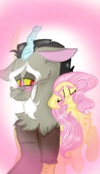 Size: 540x938 | Tagged: safe, artist:cocolove2176, discord, fluttershy, draconequus, pegasus, pony, g4, abstract background, blushing, bust, eyelashes, eyes closed, facial hair, female, goatee, male, mare, ship:discoshy, shipping, smiling, straight
