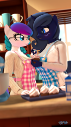 Size: 1080x1920 | Tagged: safe, artist:anthroponiessfm, oc, oc only, oc:aurora starling, oc:midnight music, anthro, 3d, adorasexy, anthro oc, apron, blushing, clothes, cupcake, cute, daaaaaaaaaaaw, food, glasses, holding hands, looking at each other, sexy, source filmmaker, sweater