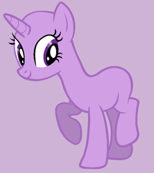 Size: 752x848 | Tagged: safe, artist:riakapepsipony, oc, oc only, pony, unicorn, bald, eyelashes, female, horn, mare, purple background, raised hoof, simple background, smiling, solo, unicorn oc