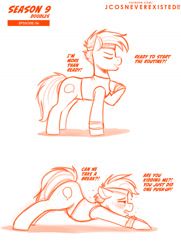 Size: 960x1326 | Tagged: safe, artist:jcosneverexisted, quibble pants, pony, common ground, g4, backbend, dialogue, male, offscreen character, season 9 doodles, stallion, sweat, text, tired