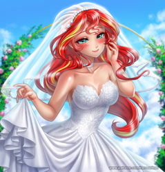 Size: 1200x1253 | Tagged: safe, artist:racoonsan, sunset shimmer, human, equestria girls, bare shoulders, beautiful, blushing, breasts, bride, choker, cleavage, clothes, cloud, crying, cute, day, dress, eyelashes, eyeshadow, female, flower, humanized, leaves, light skin, long hair, looking at you, looking forward, makeup, marriage, multicolored hair, outdoors, patreon, red hair, rose, shimmerbetes, sky, sleeveless, smiling, solo, standing, strapless, tears of joy, teary eyes, website, wedding, wedding dress, wedding veil, yellow hair