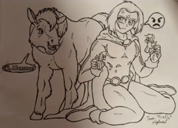 Size: 3488x2530 | Tagged: safe, artist:princesshighmist, human, pony, angry, barely pony related, beast boy, cross-popping veins, female, high res, male, monochrome, playing with toys, raven (dc comics), teen titans, toy, traditional art