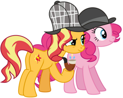 Size: 1024x820 | Tagged: safe, artist:emeraldblast63, pinkie pie, sunset shimmer, earth pony, pony, unicorn, g4, mmmystery on the friendship express, backwards cutie mark, bowler hat, deerstalker, detective, detective shimmer, duo, duo female, female, hat, pipe, sherlock holmes, sherlock shimmer, simple background, transparent background, watson