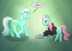 Size: 2912x2059 | Tagged: safe, artist:foxhatart, lyra heartstrings, minty, pinkie pie, earth pony, pony, unicorn, fanfic:background pony, g3, g4, clothes, dig the swell hoodie, duo, female, g3 to g4, generation leap, high res, hoodie, lying down, mare, photo, prone