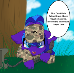Size: 6000x5864 | Tagged: safe, artist:skylarpalette, oc, oc only, oc:flugel, pegasus, pony, clothes, cloud, complex background, cute, female, fluffy, grass, grass field, hat, looking at you, lying down, mare, military pony, military uniform, pegasus oc, radio, simple shading, solo, talking, text, tree, uniform