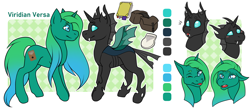 Size: 1828x800 | Tagged: safe, artist:carr, oc, oc only, oc:viridian versa, changeling, pony, unicorn, changeling oc, green fur, green mane, reference sheet, shapeshifter