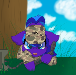 Size: 6000x5864 | Tagged: safe, alternate version, artist:skylarpalette, oc, oc only, oc:flugel, pegasus, pony, clothes, cloud, cute, female, fluffy, grass, grass field, hat, looking at you, mare, military, military pony, military uniform, pegasus oc, radio, simple shading, solo, tree, uniform