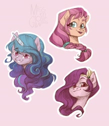Size: 1920x2212 | Tagged: safe, artist:miss_glowwormis, izzy moonbow, pipp petals, sunny starscout, earth pony, pony, unicorn, g5, braid, female, looking at you, mare, open mouth, red eyes, red-eyed pipp, smiling, traditional art