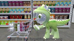 Size: 3840x2160 | Tagged: safe, artist:northern haste, oc, oc only, oc:fossil fluster, earth pony, pony, 3d, 4k, animal costume, animal onesie, clothes, costume, dinosaur costume, high res, kigurumi, onesie, shopping cart, shopping list, source filmmaker