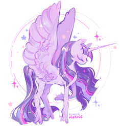 Size: 682x724 | Tagged: safe, artist:costly, twilight sparkle, alicorn, pony, g4, cute, eyes closed, female, leg fluff, mare, profile, solo, spread wings, stars, twiabetes, twilight sparkle (alicorn), wings