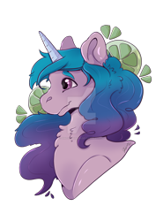 Size: 1600x2157 | Tagged: safe, artist:dinosaphira99, izzy moonbow, pony, unicorn, g5, bust, chest fluff, deviantart watermark, eyebrows, female, lime, mare, obtrusive watermark, portrait, simple background, solo, transparent background, watermark