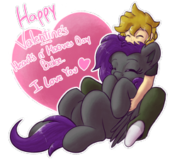Size: 2802x2550 | Tagged: safe, artist:eisky, oc, oc only, oc:eis, oc:fritzy, human, hybrid, pegasus, pony, couple, cuddling, eyes closed, happy, heart, hearts and hooves day, high res, holiday, simple background, sitting on person, transparent background, valentine's day