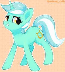 Size: 834x912 | Tagged: safe, artist:mikes_crib, artist:mikesartcrib, lyra heartstrings, pony, unicorn, g4, abstract background, female, grin, looking at you, mare, smiling, solo