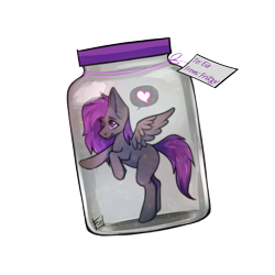 Size: 2000x2000 | Tagged: safe, artist:defiantfox, oc, oc only, oc:fritzy, pegasus, pony, commission, cute, heart, high res, jar, lewd container meme, simple background, solo, thing in a jar, transparent background, ych result