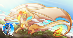 Size: 4176x2160 | Tagged: safe, artist:bearsafterbunnies, star swirl the bearded, sunset shimmer, twilight sparkle, alicorn, dragon, pony, series:beeg sunny derg, g4, alternative cutie mark placement, amused, cloud, dragoness, dragonified, female, forest, giant dragon, giantess, glowing horn, growth, horn, inset, large wings, lying down, macro, mega giant, mountain, signature, silly, species swap, sunset dragon, surprised face, twilight sparkle (alicorn), wings