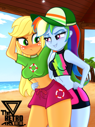 Size: 1250x1672 | Tagged: safe, artist:theretroart88, applejack, rainbow dash, equestria girls, equestria girls series, g4, beach, bedroom eyes, belly button, blonde hair, blushing, board shorts, breasts, busty applejack, busty rainbow dash, cap, clothes, confident, cute, duo, duo female, embarrassed, faic, female, freckles, green eyes, hand on hip, hand on waist, hat, lesbian, lifeguard, lifeguard applejack, logo, midriff, multicolored hair, nervous, ocean, outdoors, pink eyes, rainbow hair, sand, ship:appledash, shipping, shorts, show accurate, signature, smiling, smug, smugdash, swimsuit, thighs, tomboy, watermark