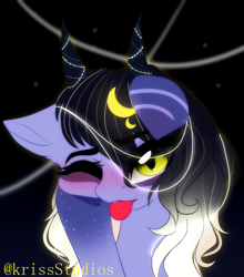 Size: 2863x3249 | Tagged: safe, artist:krissstudios, oc, oc only, pony, bust, female, high res, horns, mare, portrait, solo, tongue out