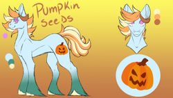 Size: 1024x576 | Tagged: safe, artist:gurepinku, oc, oc only, oc:pumpkin seeds, earth pony, pony, female, gradient background, gradient hooves, mare, offspring, parent:big macintosh, parent:marble pie, parents:marblemac, reference sheet, solo, unshorn fetlocks