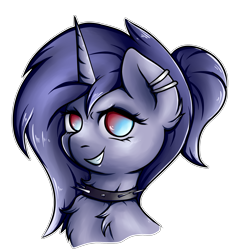 Size: 2329x2505 | Tagged: safe, artist:coco-drillo, oc, oc only, oc:singularity, pony, unicorn, bust, chest fluff, choker, collar, ear fluff, ear piercing, earring, evil grin, grin, high res, jewelry, makeup, mascot, piercing, ponytail, simple background, smiling, solo, spiked choker, spiked collar, transparent background