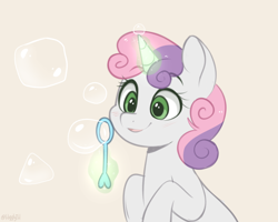 Size: 1050x840 | Tagged: safe, artist:higglytownhero, sweetie belle, pony, unicorn, g4, blowing bubbles, bubble, bubble wand, bust, cute, diasweetes, female, filly, foal, glowing horn, hooves to the chest, horn, levitation, looking at something, magic, signature, simple background, smiling, soap bubble, solo, sweetie belle's magic brings a great big smile, telekinesis, three quarter view, white background