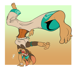Size: 1967x1852 | Tagged: safe, artist:duragan, shanty (tfh), goat, anthro, plantigrade anthro, them's fightin' herds, barefoot, busty shanty, capoeira, clothes, community related, dancing, facial hair, feet, female, fighter, foot focus, goatee, handstand, kick, kicking, midriff, perspective, pirate, pose, solo, sports bra, toes, upside down