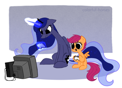 Size: 1991x1444 | Tagged: safe, artist:syrupyyy, princess luna, scootaloo, alicorn, pegasus, pony, gamer luna, g4, controller, cute, cutealoo, duo, female, filly, glowing horn, hoof hold, horn, levitation, luna is not amused, lunabetes, magic, mare, open mouth, sitting, telekinesis, television, unamused