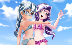Size: 2618x1633 | Tagged: safe, artist:mauroz, diamond tiara, silver spoon, human, g4, adorabullies, adorasexy, alternate hairstyle, anime, armpits, beach babe, belly button, bikini, bikini babe, blushing, breasts, clothes, cloud, commission, cute, delicious flat chest, duo, female, glasses, hug, humanized, open mouth, sexy, sky, swimsuit