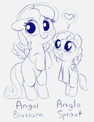 Size: 1030x1334 | Tagged: safe, artist:heretichesh, oc, oc:angel blossom, oc:angle sprout, pegasus, pony, bipedal, female, filfil, filly, heart, sketch
