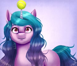 Size: 1616x1387 | Tagged: safe, artist:neutral-soul, izzy moonbow, pony, unicorn, g5, ball, cute, female, horn, horn guard, horn impalement, hornball, izzy's tennis ball, izzybetes, looking at you, mare, solo, tennis ball